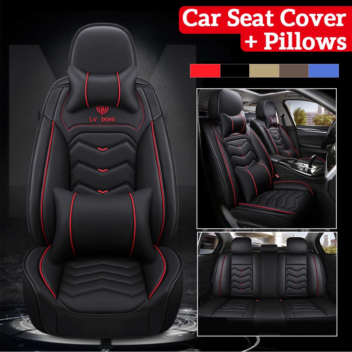 Universal Premium Leather Car Seat Cover with Headrest & Waist Pillows
