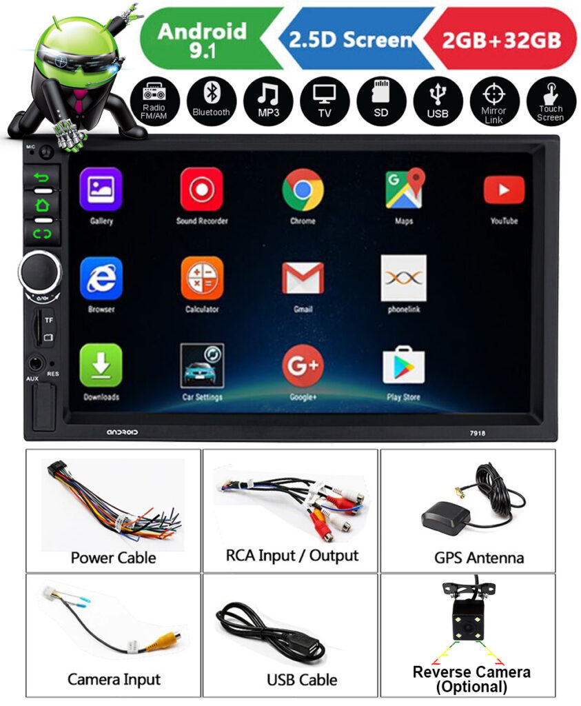 Android Player Reverse Signal Android 9.1 WiFi Double-Din Car Stereo with GPS Navigation & Reverse ...