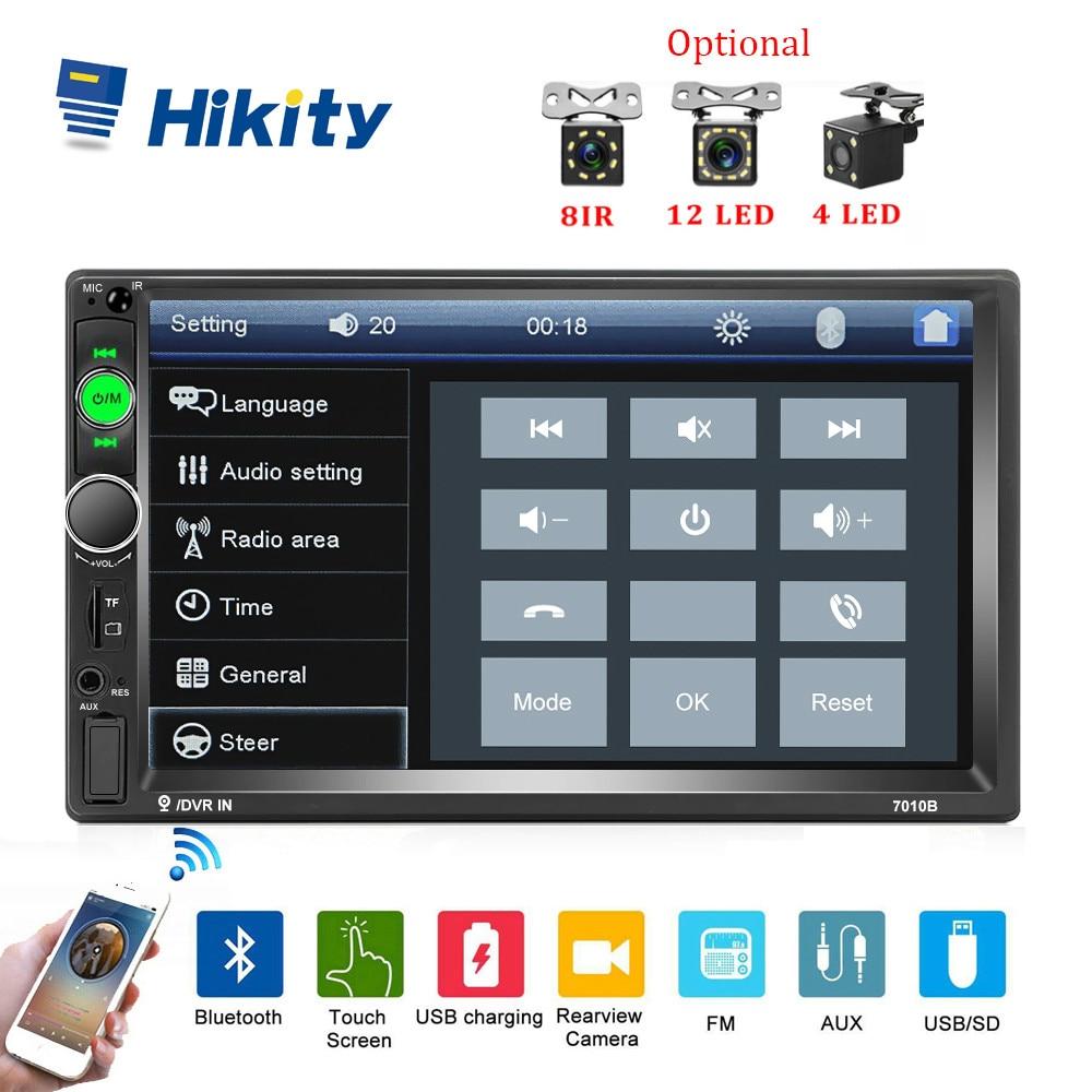 HIKITY 7010B 7” Display Double-Din Car Stereo with Reverse Camera Support