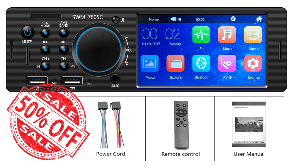 OLOMM SWM-7805 Car Stereo & Bluetooth Audio Player w/ Camera Support