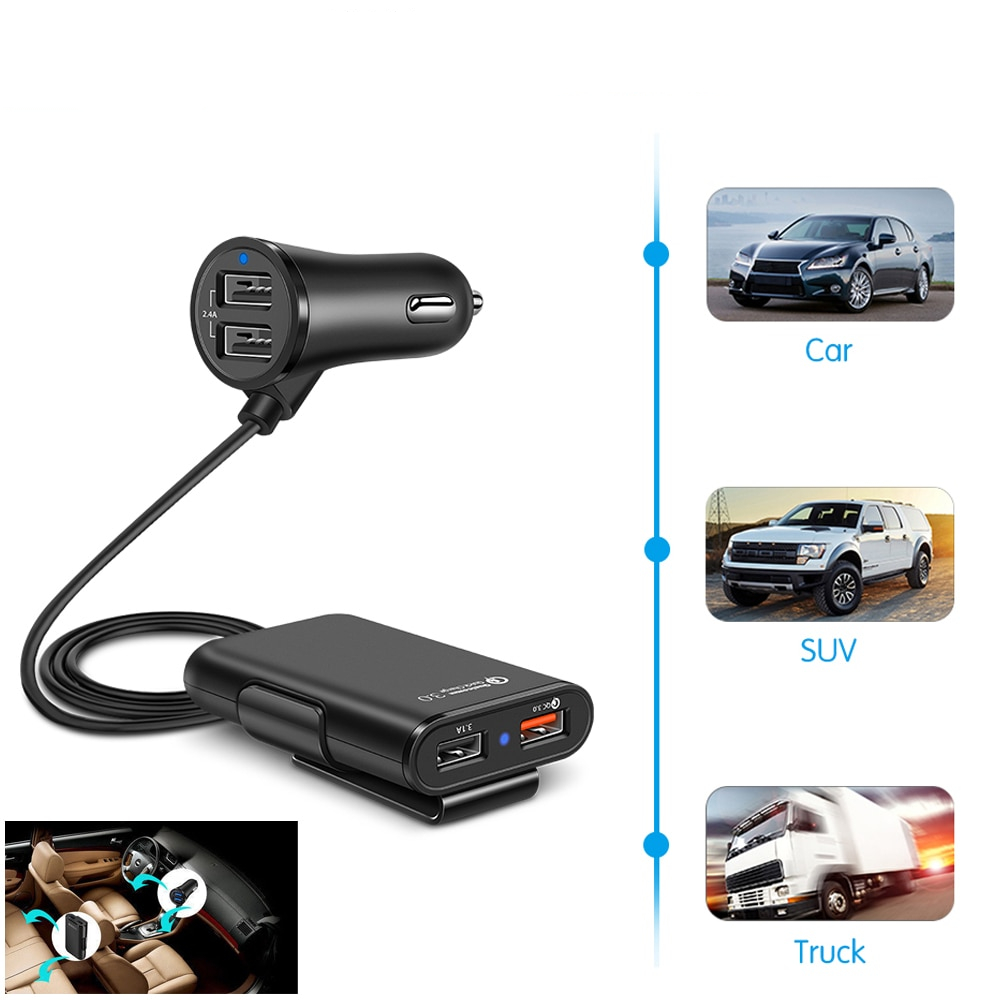 Powstro 3.0 Fast Car Charger 4 USB Ports with a Back Seat Clip-On