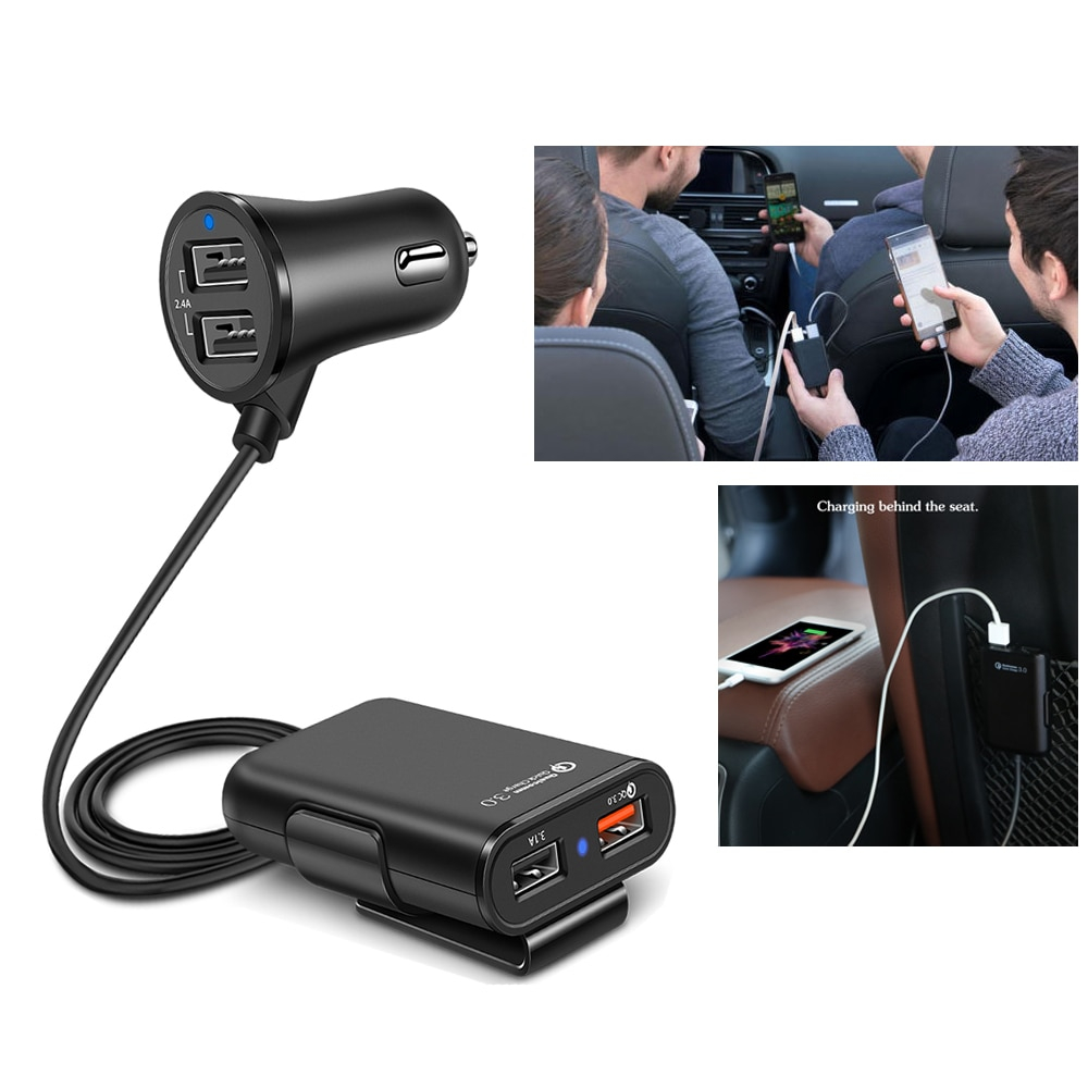 Powstro 3.0 Fast Car Charger 4 USB Ports with a Back Seat Clip-On