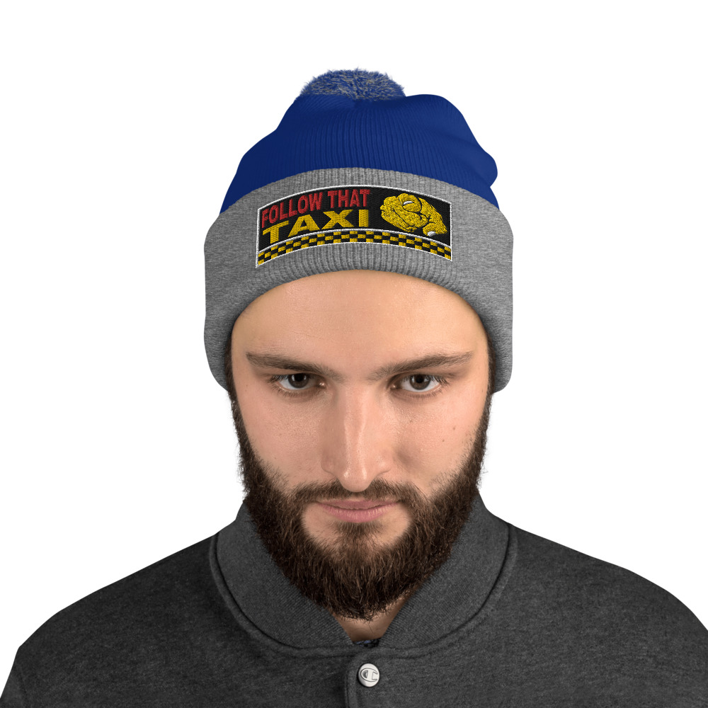 “FOLLOW THAT TAXI” Embroidered Pom-Pom Beanie