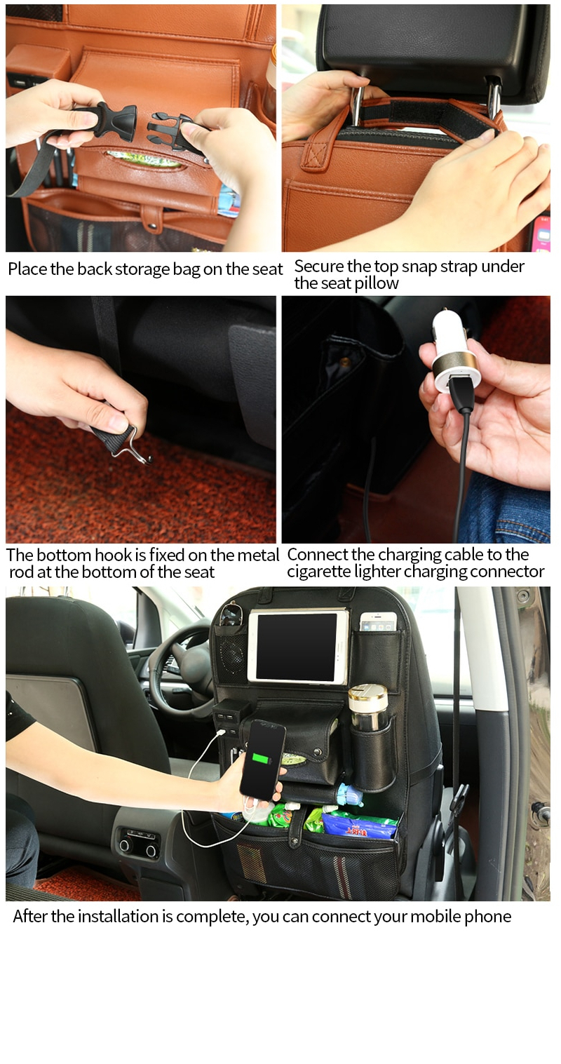 ALLOMN Premium Car Backseat Organizer with 4 USB Charging Ports