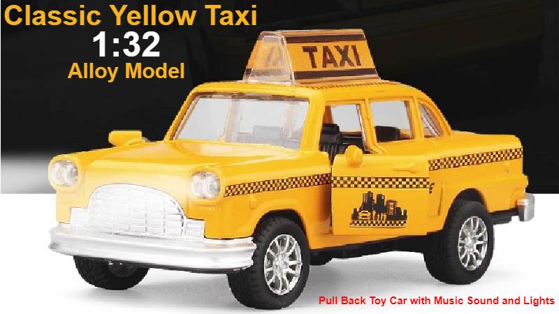 Collectable Classic Yellow Taxi Model and Pull Back Toy Car w/ Music & Lights