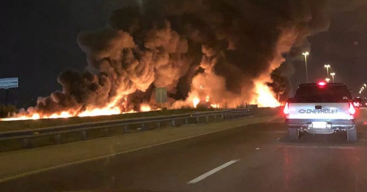 A truck tanker caught fire on I-55 that ignited a taxi. July 14, 2019. Twitter user @kayteabeee