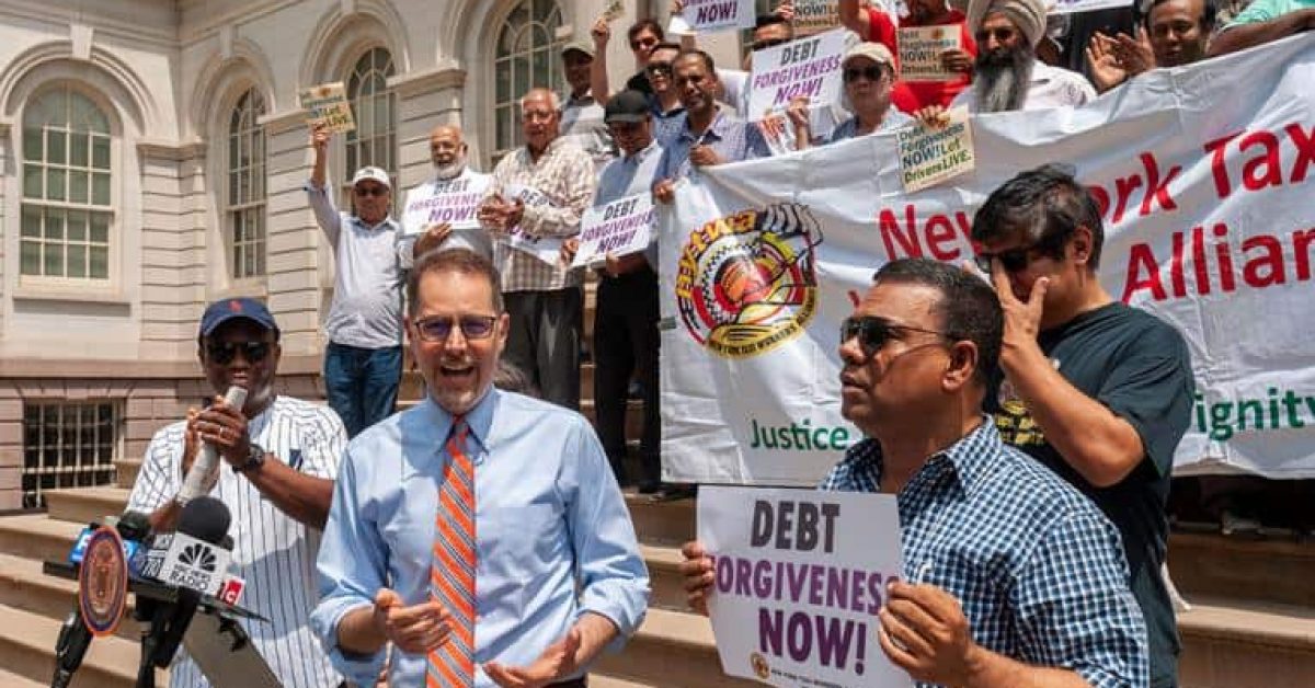 NYC Council Member Mark Levine speaks at a press conference with taxi drivers on the steps of NY City Hall calling for debt forgiveness for their medallions, July 11. | rblfmr/Shutterstock